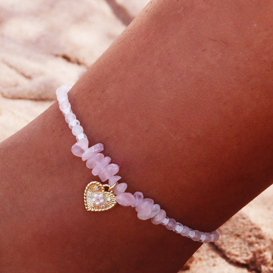 Cœur de Vénus – Bracelet de cheville en Quartz Rose & Charm Cœur